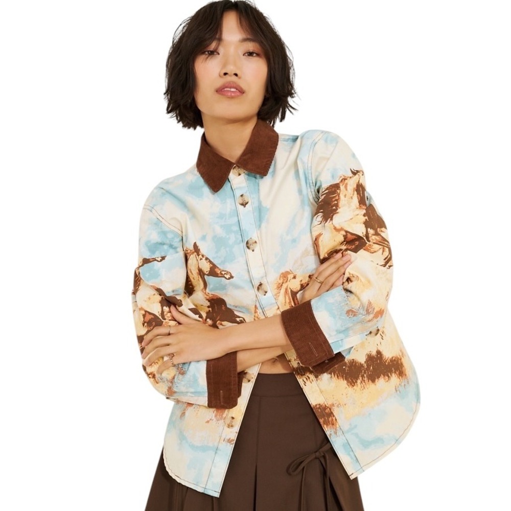BDG Urban Outfitters Horse Western  Chore Shacket Corduroy‎ Trim Blue XL NWT